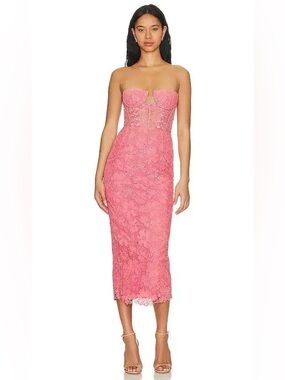 REVOLVE Sau Lee Strapless Pink Lace Midi Dress NWT US 4 Retail $495
